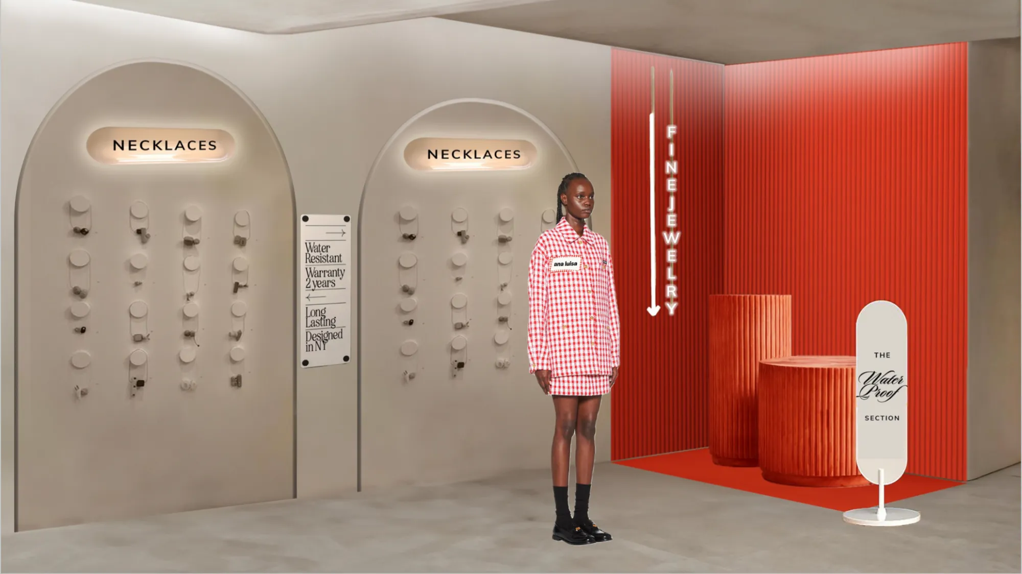 Store rendering with arched necklace displays and a red fitting area