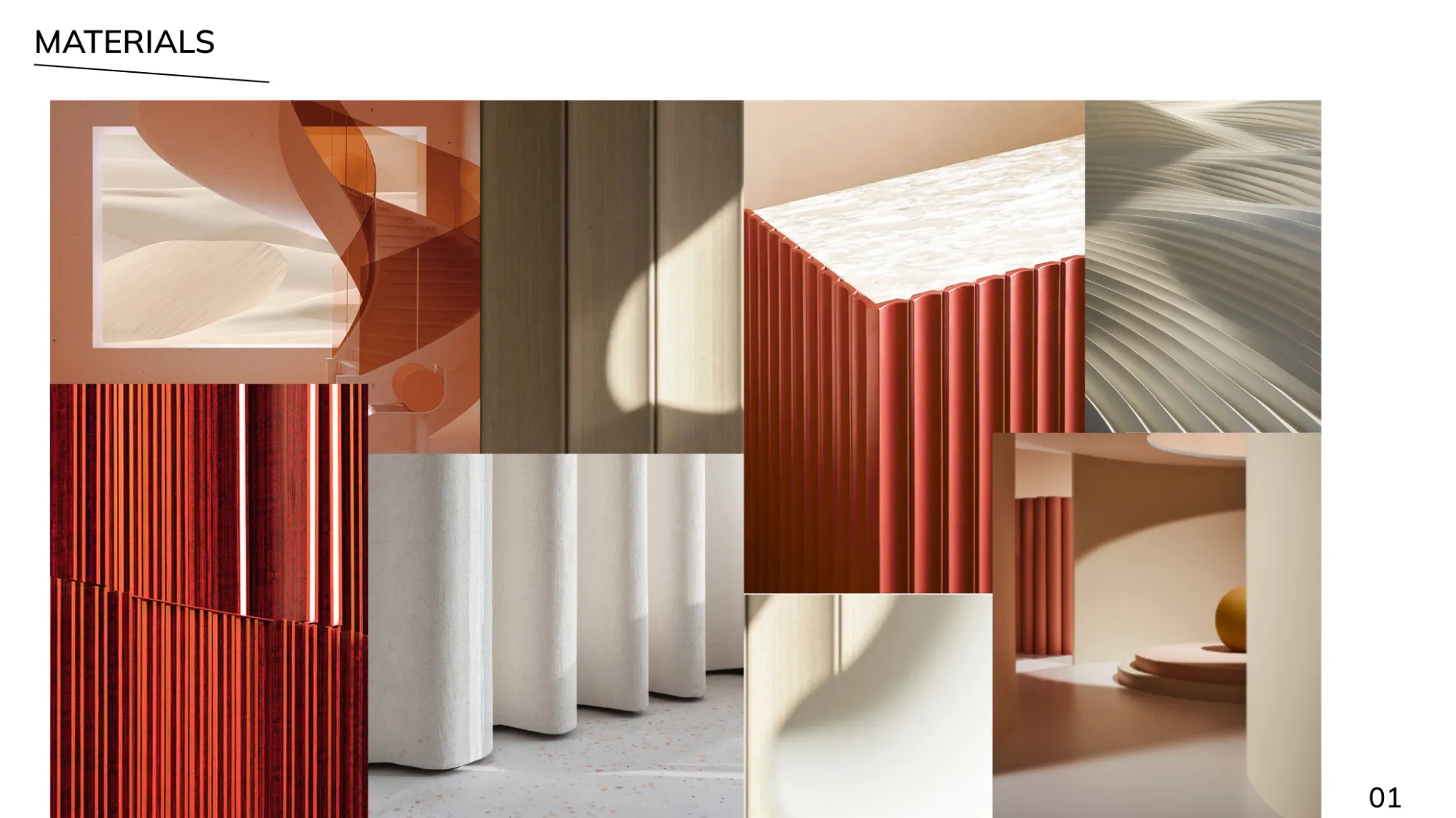 Materials board of plaster, ribbed red panels and soft curves
