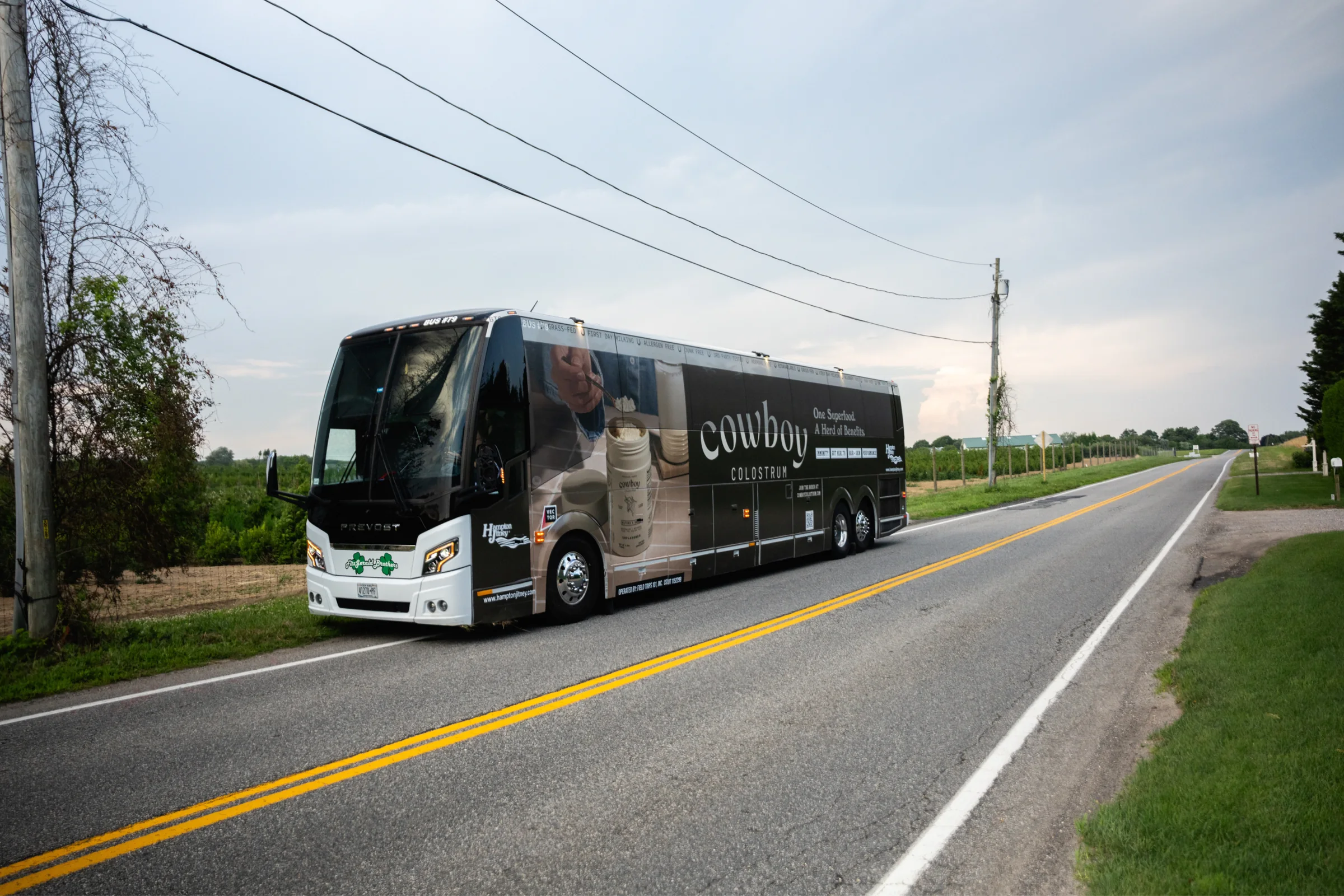The Cowboy Colostrum Hampton Jitney coach driving down a country road under power lines
