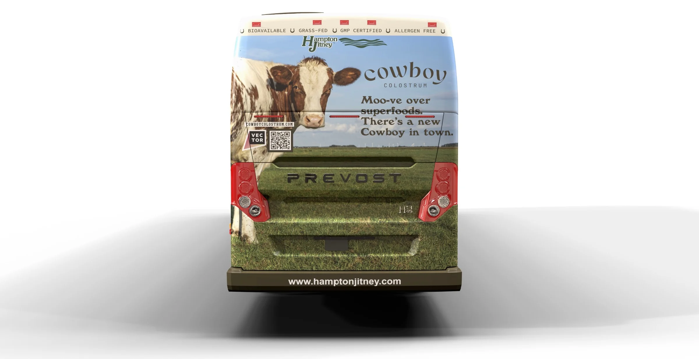 Cowboy Colostrum coach wrap, rear: “Moo-ve over superfoods. There’s a new Cowboy in town.”