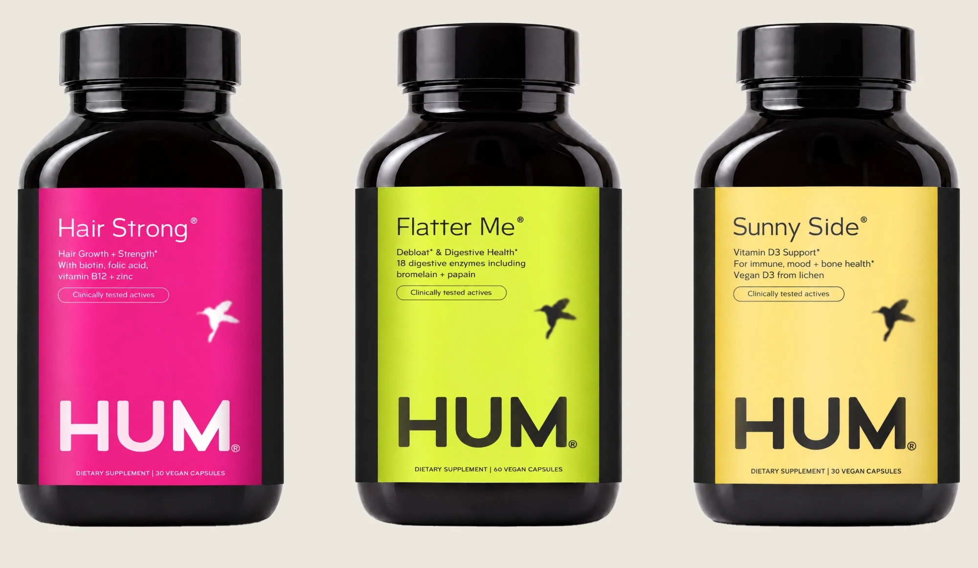 Hair Strong, Flatter Me and Sunny Side bottles with the redesigned labels, aligned to the same positions as the previous labels