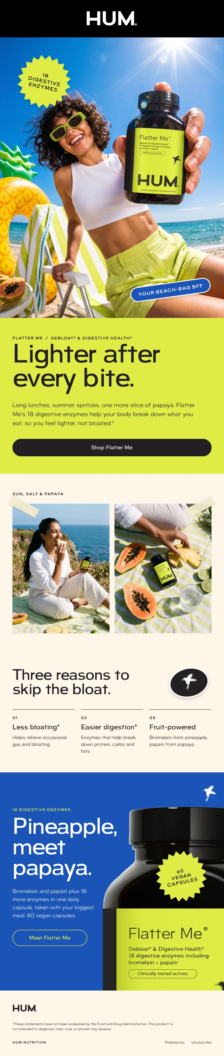 Flatter Me launch email: Lighter after every bite, a beach hero, papaya still lifes and three benefits