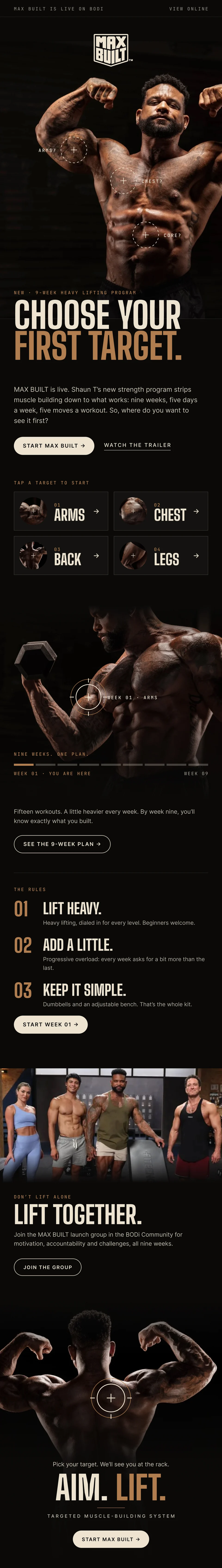 Concept launch email for MAX BUILT headed Choose your first target: open target rings over Shaun T's front pose, a four-way target picker, a nine-week track, three rules, a launch-group photo and a back-pose sign-off