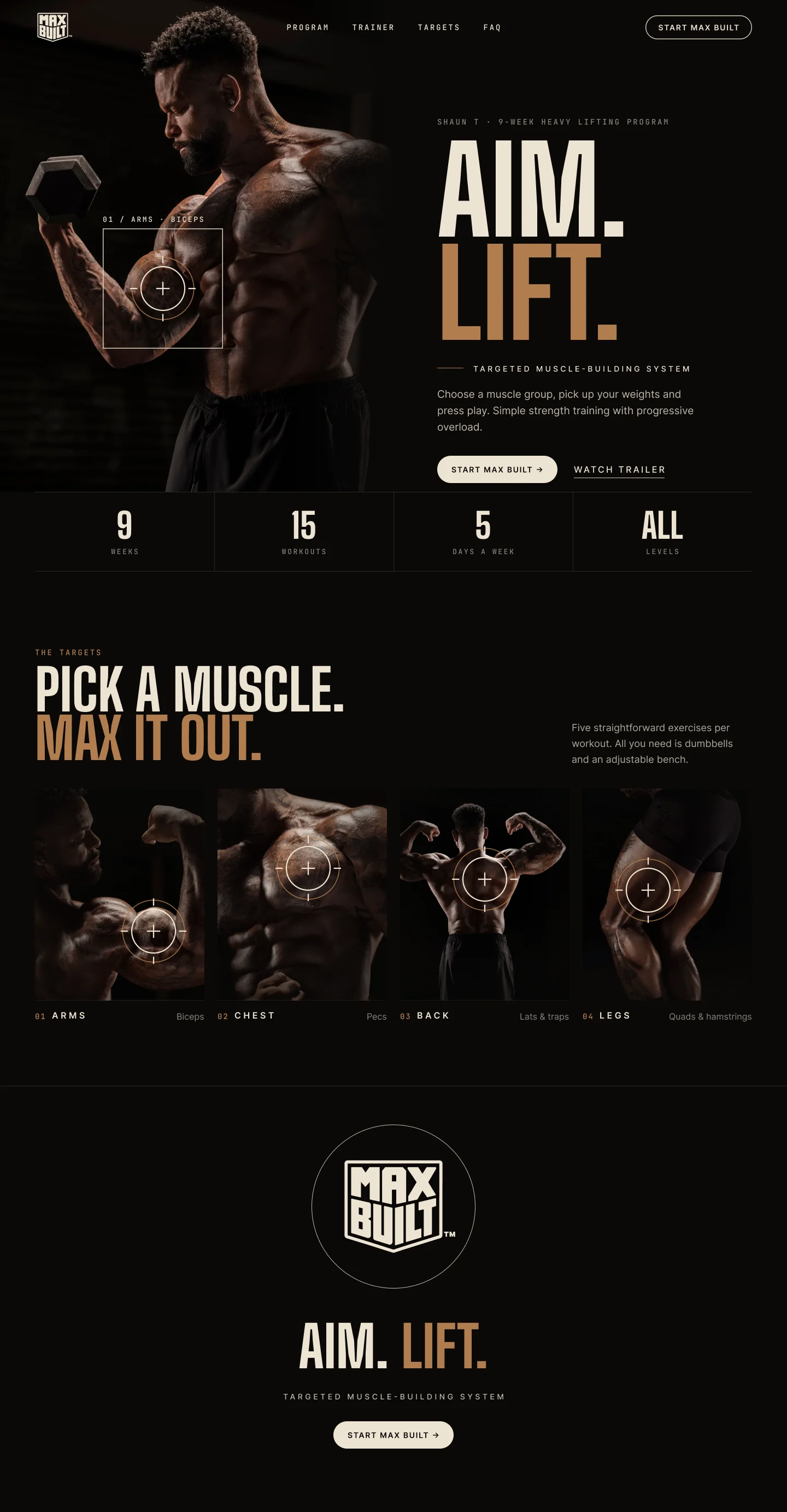 Concept landing page for MAX BUILT: Shaun T curling a dumbbell with a target frame on his biceps, the headline Aim. Lift., program numbers, four target photos for arms, chest, back and legs, and the MAX BUILT logo