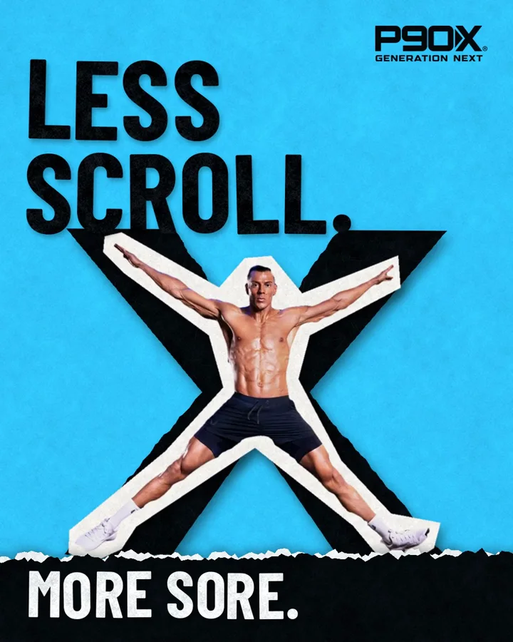 Frame from the P90X paper-cut social video: the trainer cut out of torn paper in a star jump over a large X on blue