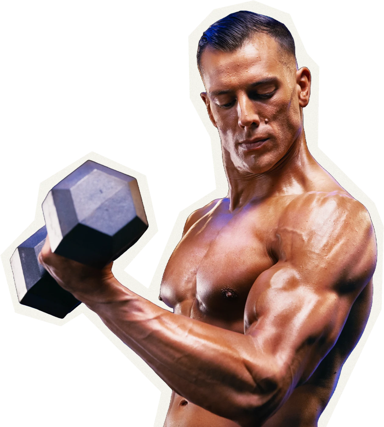Paper cut-out of the P90X trainer curling a hex dumbbell