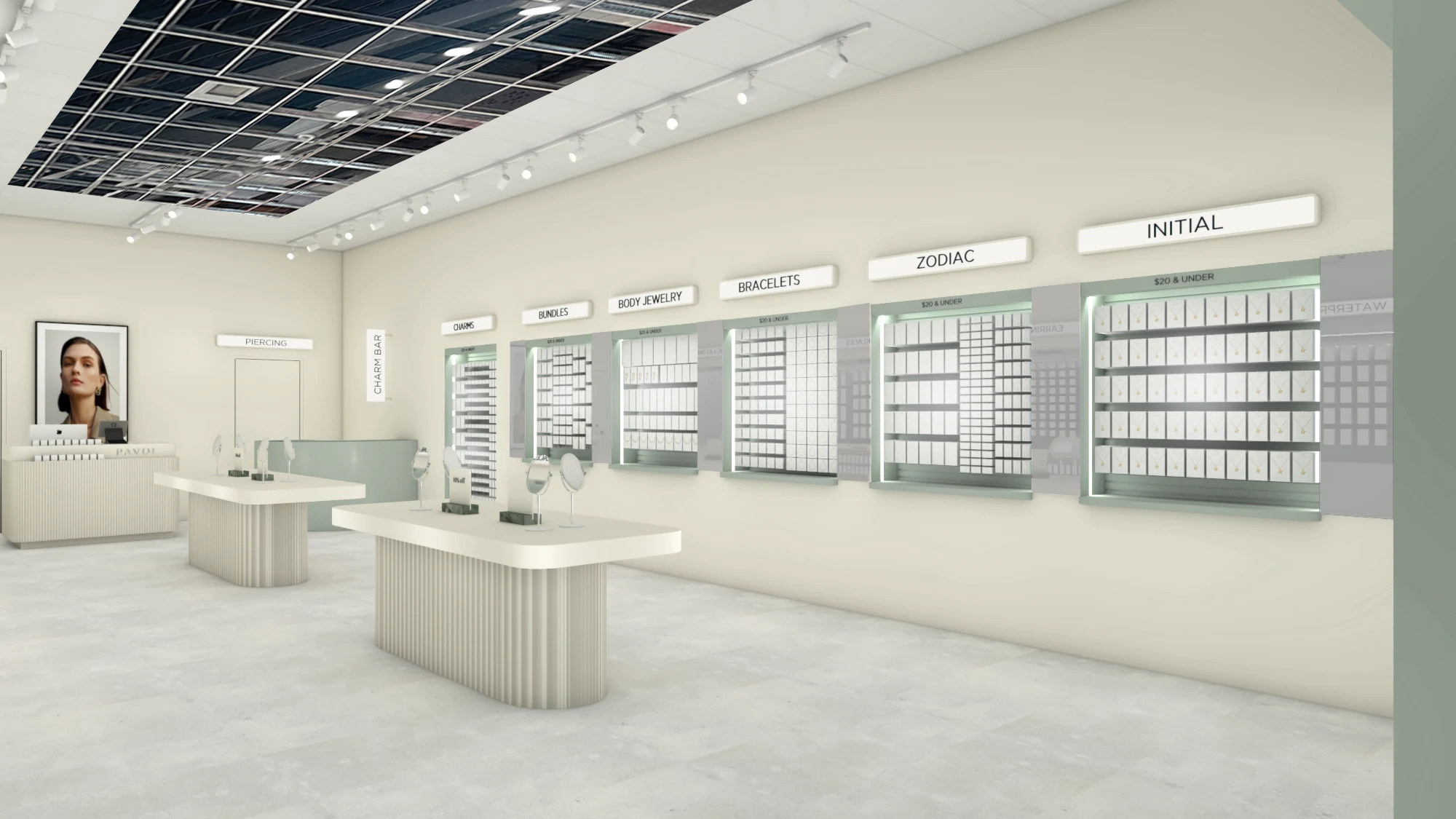 Render of the PAVOI store: cream walls, sage display walls by category and low white islands
